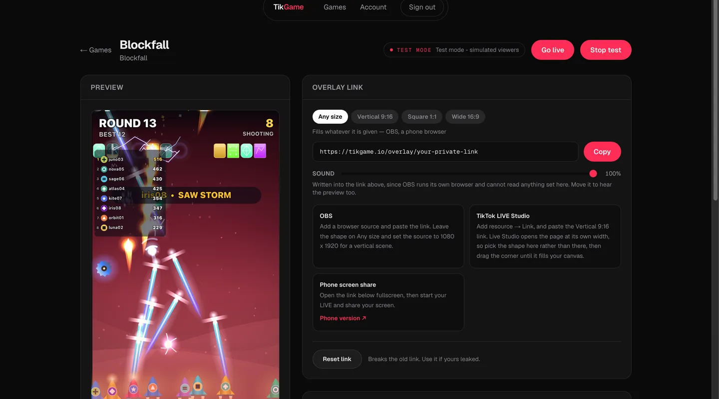 The TikGame dashboard, running Blockfall: settings on one side, a live preview on the other