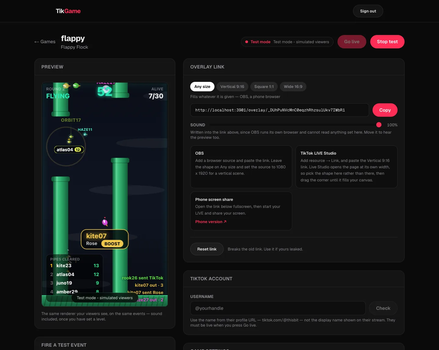 The TikGame dashboard, running Flappy Flock: settings on one side, a live preview on the other