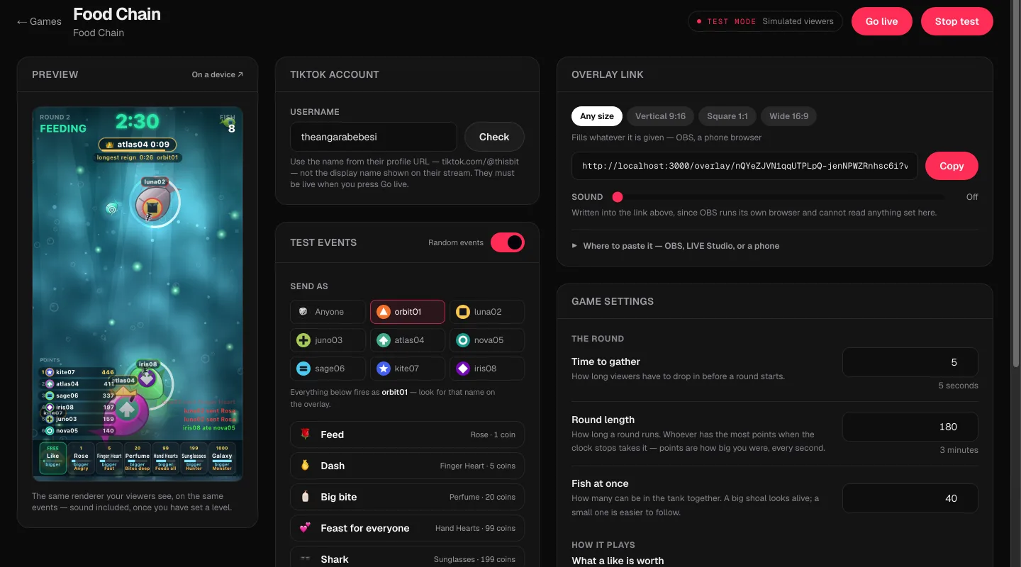 The TikGame dashboard, running Food Chain: settings on one side, a live preview on the other