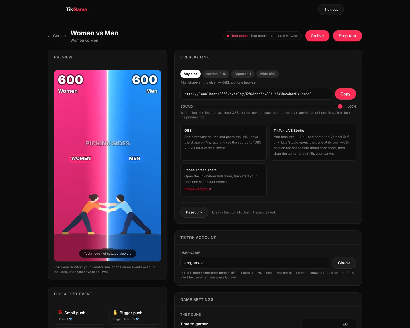 The TikGame dashboard, running Women vs Men: settings on one side, a live preview on the other