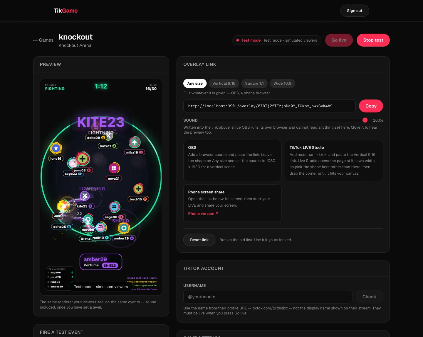 The TikGame dashboard, running Knockout Arena: settings on one side, a live preview on the other